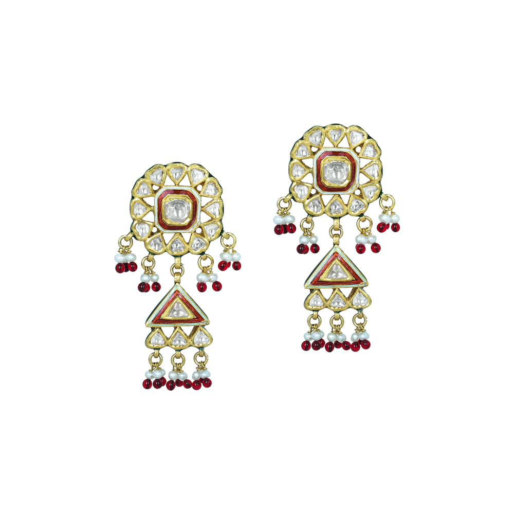 Circular Polki Earrings with Red Enamel, Triangular Drops, and Pearls